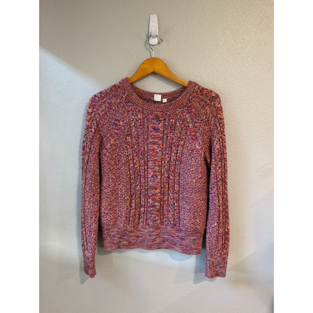 GAP Cable Knit Sweater Women Medium Pink Multi Space Dye Cotton Raglan Crew Neck